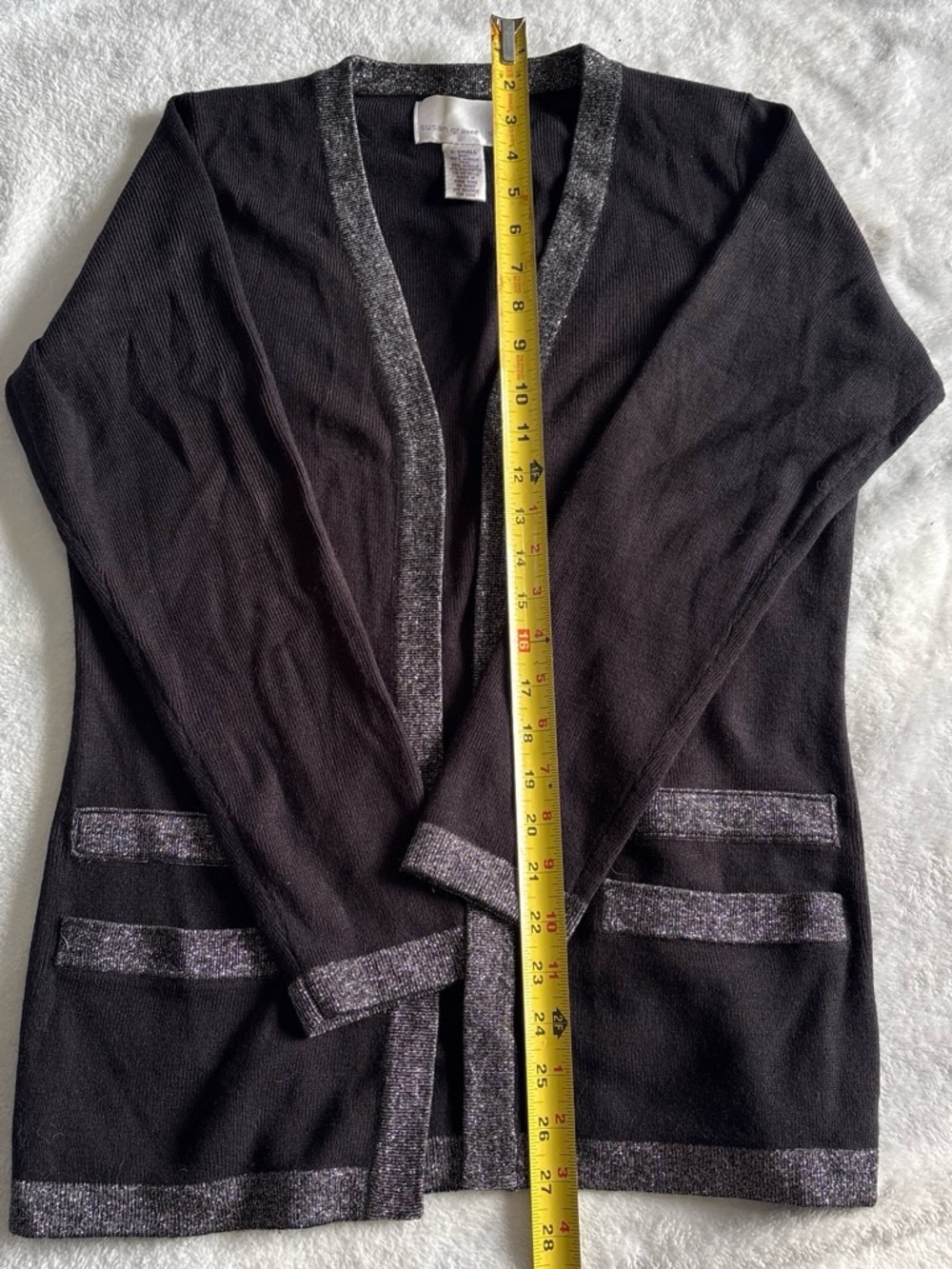 Susan Graver Black Open-Front Cardigan with Metallic Trim